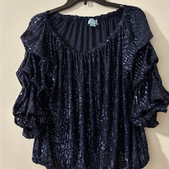 CeCe Midnight Blue Sequin Blouse - Picture 1 of 3